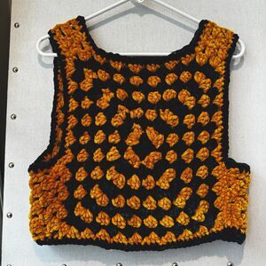 Handmade Granny Square Cropped Vest Blue Gold Crochet Game Day Sweater M